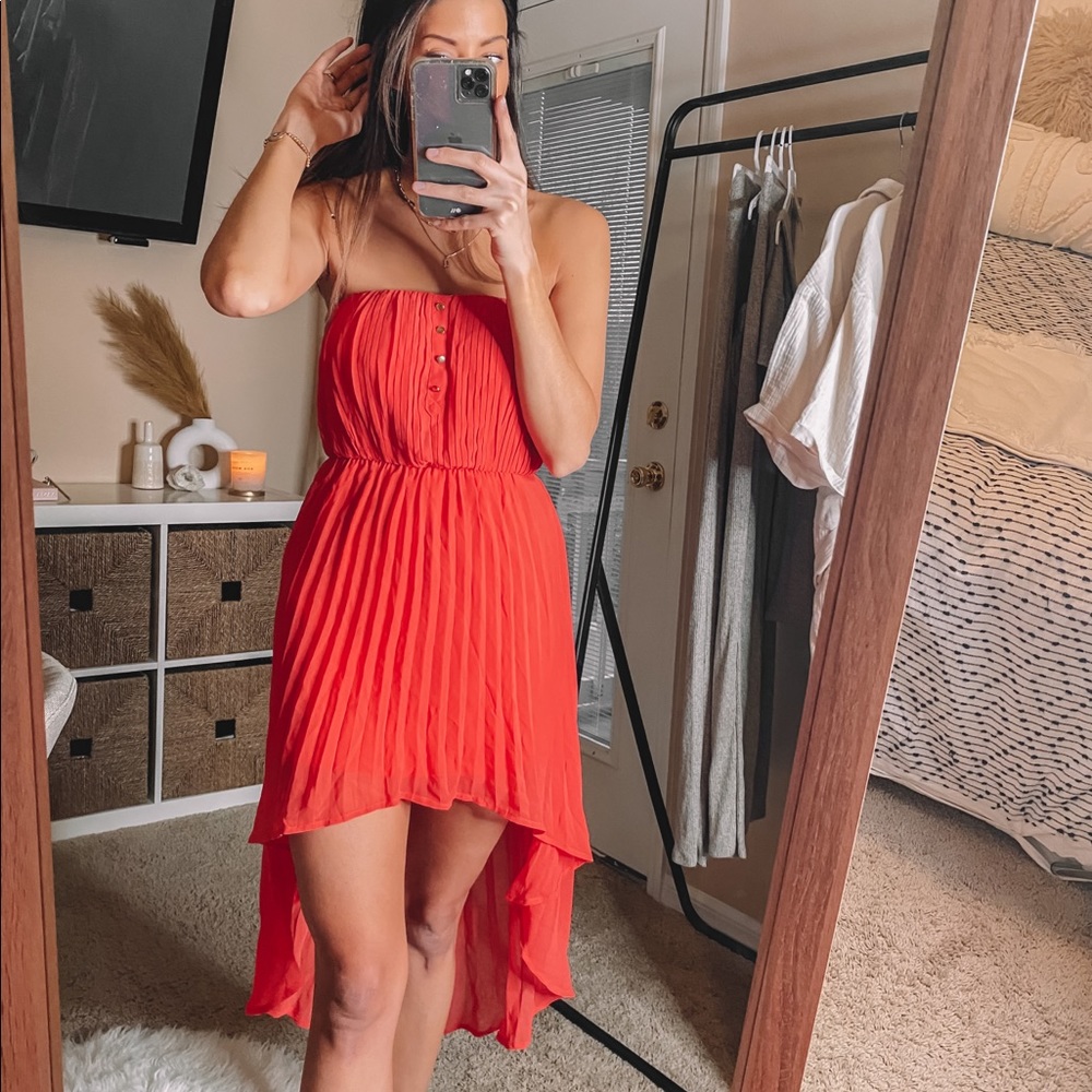 Red Pleated Hi-Low Dress